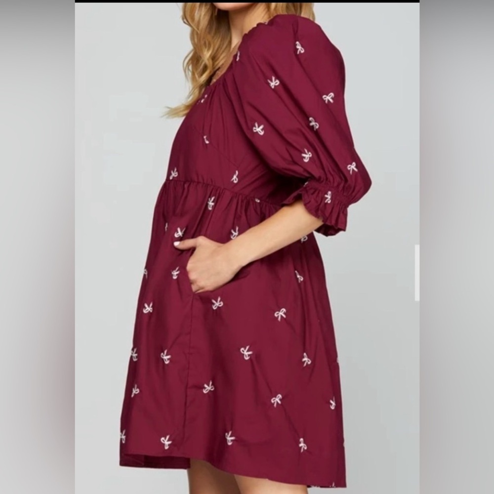 She + Sky- 3/4 SLEEVE BOW EMBROIDERY WOVEN TIERED DRESS WITH POCKETS - Picture 3 of 5